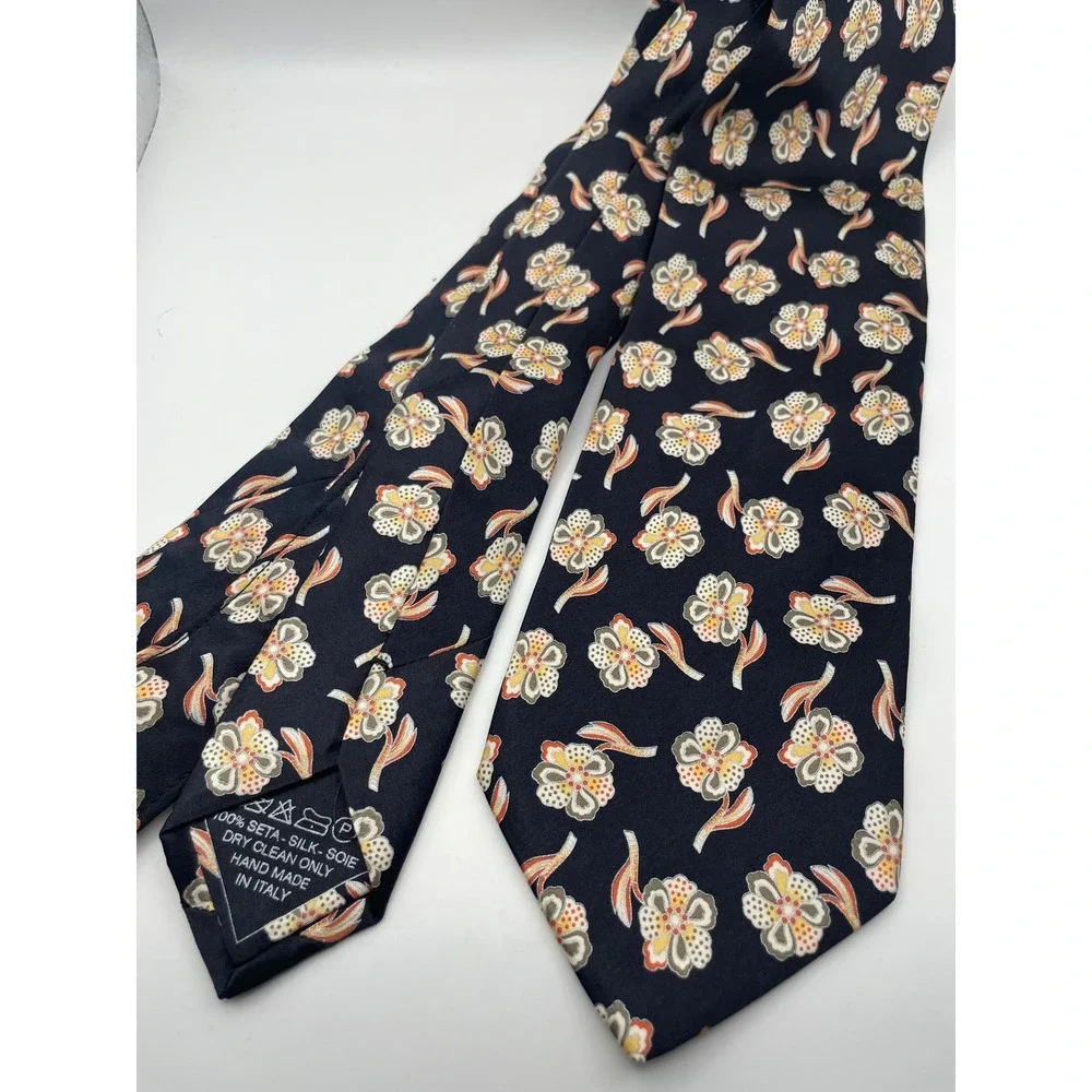 Italo Ferretti Mens Silk Floral Tie Navy Blue Orange Hand Made Italy Gandini